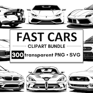 300 Fast Cars Clipart PNG SVG-bundel - snelle auto digitale download, racewagenafbeeldingen voor doe-het-zelfprojecten