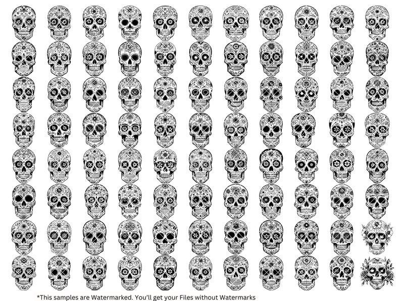 May include: A set of 72 black and white sugar skull illustrations. Each skull is decorated with intricate floral patterns. The skulls are arranged in rows and columns on a white background.