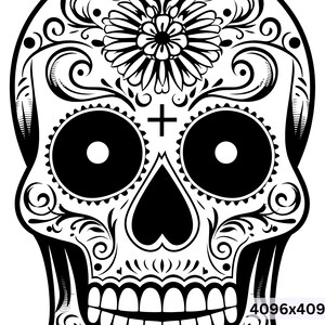 May include: Black and white illustration of a sugar skull with intricate floral designs and a cross on the forehead.