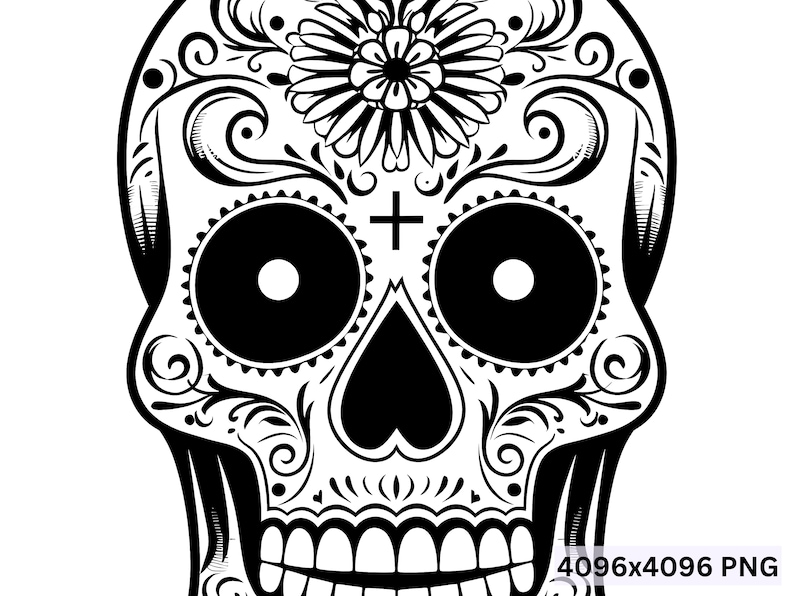 May include: Black and white illustration of a sugar skull with intricate floral designs and a cross on the forehead.