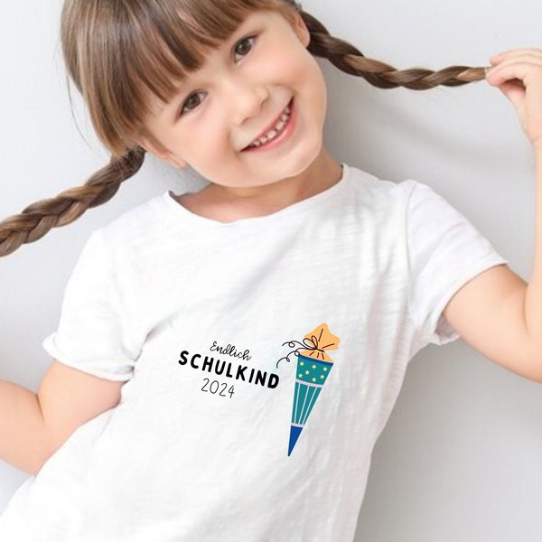 Endlich Schulkind T-Shirt 2024, Schultüte, T-Shirt zum Schulanfang, Schulkind für Jungen und Mädchen