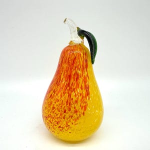 Vintage Scandinavian Glass Pear – Hand-Blown Yellow & Red Speckled Fruit Sculpture with Green Leaf
