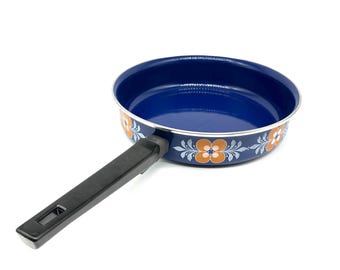 Padella in smalto blu vintage - Pentole floreali scandinave, 25 cm