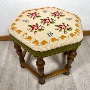 Vintage needlepoint upholstered wooden stool – floral embroidered seat