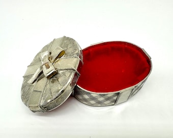 Vintage Silver Metal Trinket Box With Red Cloth Lining