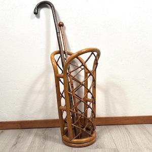 1960s Italian Bamboo Umbrella Stand – Vintage Hall Decor, Mid-Century Wicker Hallway Basket