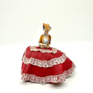 Vintage Ceramic Half-Doll Pin Cushion – Red Skirt with Lace Trim, 13 cm Tall