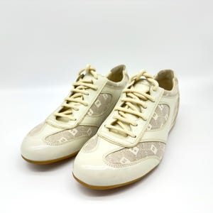 Vintage Bally Sneakers – Alceda Style, Size 39.5 – Cream Leather & Monogram Fabric, Made in Switzerland