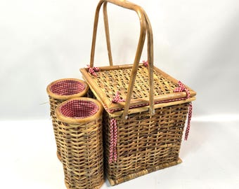 Vintage Wicker Picnic Basket: Gingham-Lined Rattan, Twin Bottle Holders
