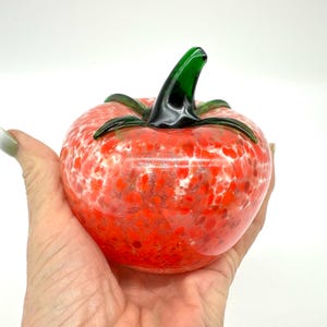 Vintage Murano-Style Glass Tomato – Hand-Blown Red & Green Art Glass Fruit Sculpture