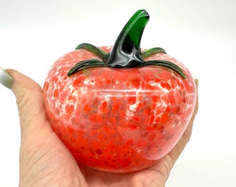 Vintage Murano-Style Glass Tomato – Hand-Blown Red & Green Art Glass Fruit Sculpture