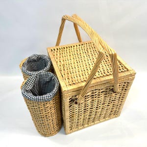 Vintage Wicker Picnic Basket: Gingham Lined Rattan, Twin Bottle Holders