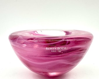Kosta Boda &#39;Atoll&#39; Glass Bowl Candleholder - Ink Art Pink Swirl Design - 90s Anna Ehrner
