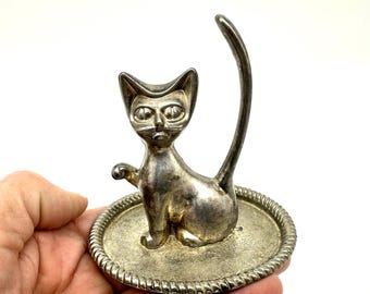 猫の銀のリングホルダー ヴィンテージシルバープレートキャットリングホルダー：ジュエリー