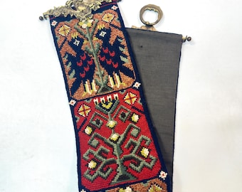 Handwoven Scandinavian Tapestry with Brass Mounts: Vintage Folk Art Wall Hanging