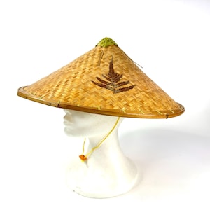 Vintage Handwoven Bamboo Farmer Hat: Asian Conical Straw Hat with Fern