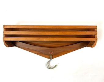 Scandinavian teak clothes rack – wall-mounted hanger shelf with 2 wooden hangers, c.1970s