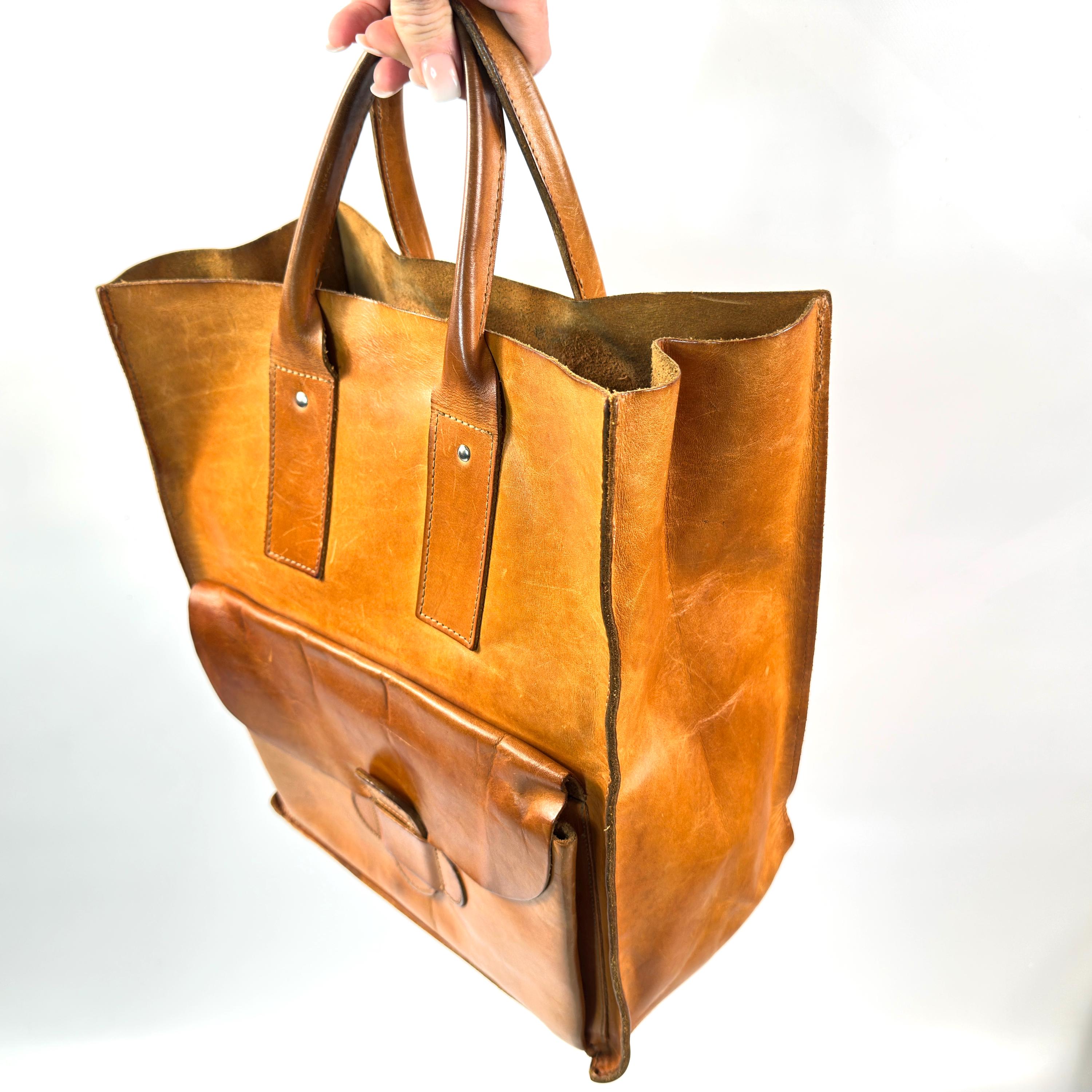 Vintage Tan Leather Tote Bag – Large Full-Grain Shopper with Front Flap Pocket
