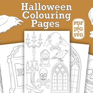 Gothic Halloween colouring pages, Kids spooky vintage Halloween printables, Instant download PDF SVG