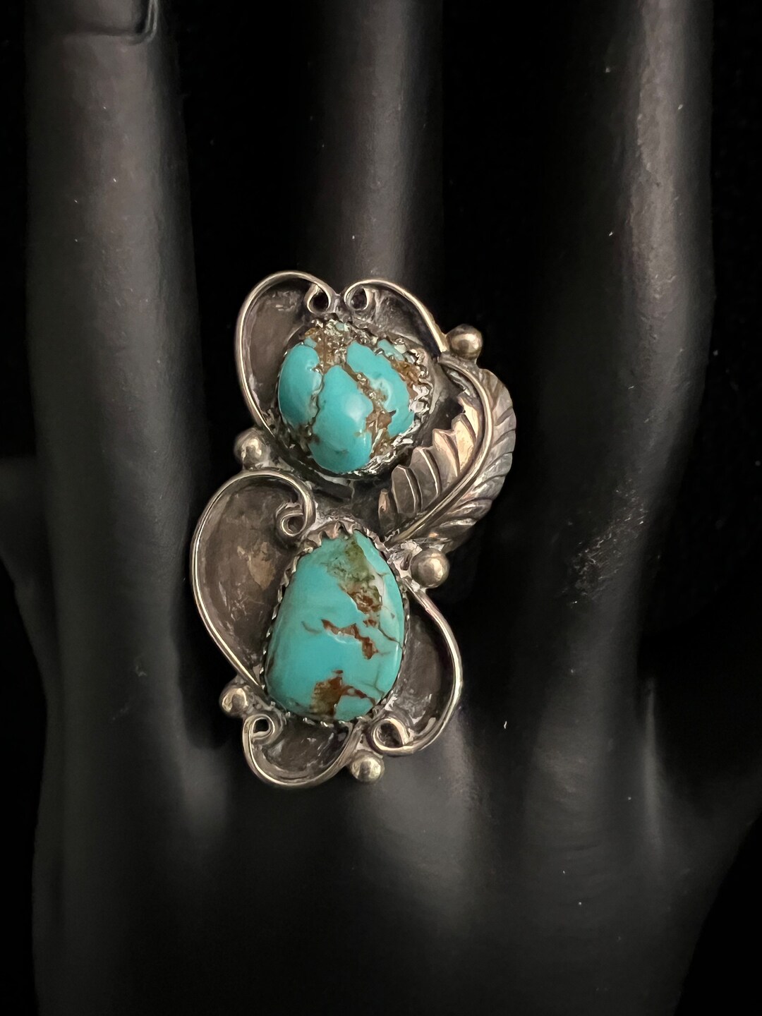 GORGEOUS HUGE Vintage Signed Navajo Sterling Silver Turquoise Ring ...