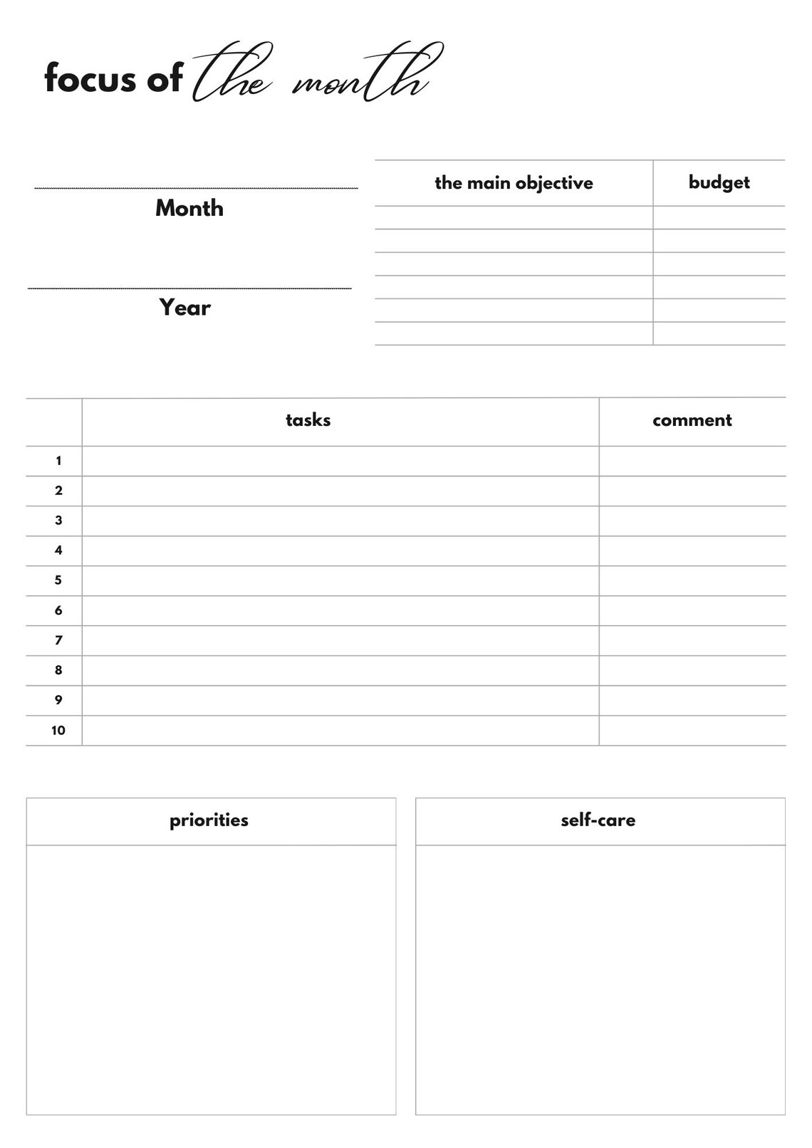 Printable Monthly Planner, Digital Download Planner, Monthly Focus ...