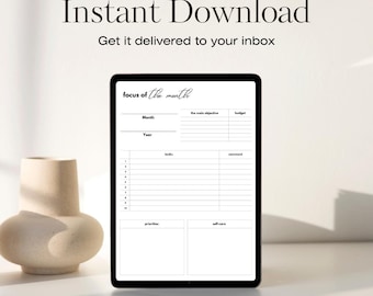 印刷可能な月間プランナー、デジタルダウンロードプランナー、月間フォーカスプランナー、印刷可能なプランナー、最小限のプランナーデザイン