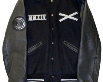 Mens The Weeknd XO Bomber Jacket Black Wool & Leather Lettermen Varsity Jacket