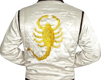 Ryan Gosling Drive Scorpion Blanc Satin Léger Casual Bomber Varsity Sports Biker Drive Veste