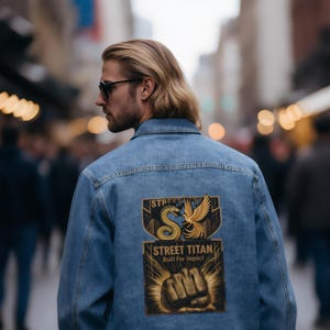 Jaqueta jeans com estampa Street Titan Fist | Patch urbano retrô