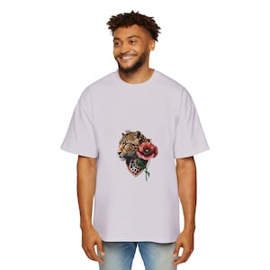 Herren schweres übergroßes T-Shirt, Leopardenmuster Shirt, Tierdruck T-Shirt, Dschungel-Thema Top, Safari-Kleidung, Wildkatzen-T-Shirt
