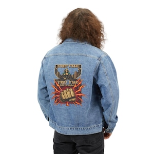 Street Titan Fist Graphic Denim Jacket | Back Patch Urban Design