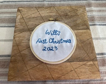 Baby's First Christmas or Personalized Hand Embroidered Christmas Ornament Fabric Wood Ribbon