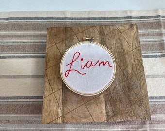 Personalized Names and Family Names Hand Embroidered Fabric and Wooden Ornaments