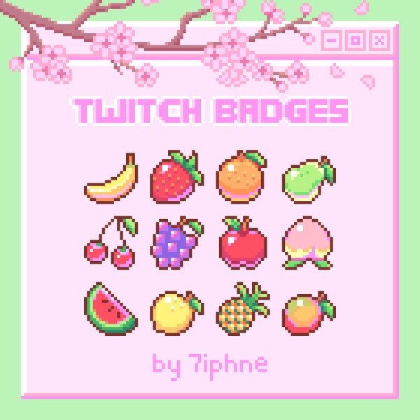 Twitch Badges | Fruit | Pixel Art - Sub Bit Cute Kawaii Fruits Banana Apple Strawberry Orange Lemon Watermelon Peach Cherry Vtuber Streamer