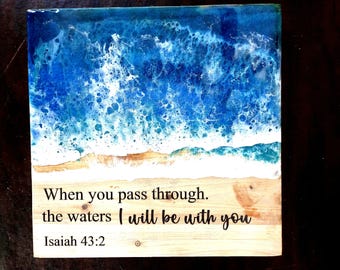 Epoxy Resin Ocean Waves Wood Sign with Bible verse