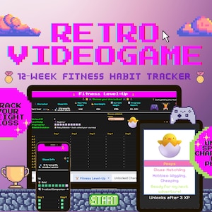 Op de afbeelding: Een retro fitnessgewoontetracker met de tekst "Retro Videogame" en "12-Week Fitness Habit Tracker". De afbeelding bevat een tablet, telefoon en digitaal notitieblok met pixelachtige graphics en de tekst "Track Your Weight Loss".
