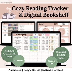 Cozy Reading Tracker Spreadsheet | Digital Bookshelf | Monthly and Yearly Reading Stats |TBR Book List Tracker |DNF Book List |Google Sheets