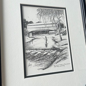 Framed  and Matted Illustration of Old Covered Bridge - Pennsylvania