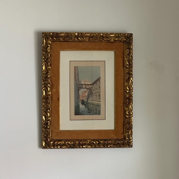 Acuarela vintage enmarcada del "Puente de los Suspiros", Venecia, Italia.