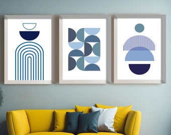 Geometric Boho Abstract Art Print- Instant Download -Light Blue, Blue, Navy - High-Quality Digital living room or dining room Decor