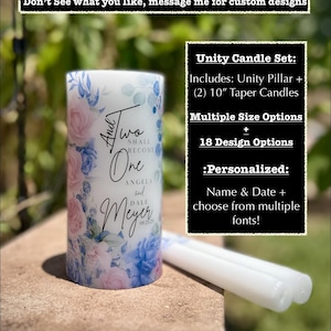 Wedding Unity Candle Set for Unity Ceremony saying "and two shall become one" + Monogram Taper Candles - multiple designs & sizes.