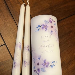 Lavender Purple Watercolor Floral Bouquet Wedding Unity Candle  | Simply Modern Personalized pillar candle + 2 Monogram Taper Candles.
