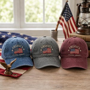Embroidered America 1776-2026 Hat, Patriotic Baseball Cap, USA Flag Dad Hat, Vintage Washed Cap, 4th of July Hat, America 250 Gift