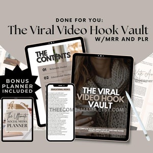 May include: A digital product mockup featuring a tablet displaying a digital product called "The Viral Video Hook Vault" with the text "Our complete social media list of tried and tested hooks that captivate." The product is marketed as a done-for-you resource with MRR and PLR rights. A bonus planner is also included.