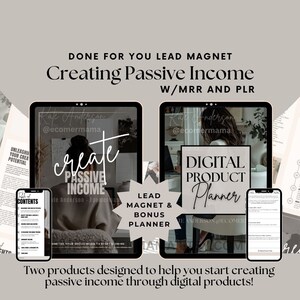 Puede incluir: Dos productos digitales diseñados para ayudarte a crear ingresos pasivos. El primer producto es un imán de clientes potenciales y un planificador de bonificaciones titulado "Crear ingresos pasivos". El segundo producto es un planificador de productos digitales titulado "Planificador de productos digitales". Ambos productos presentan a una mujer trabajando en una computadora portátil.