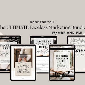 Op de afbeelding: Een digitale marketingbundel voor bedrijven zonder gezicht. De bundel bevat een Faceless Reel Starter-gids, een Faceless Instagram Reels over Photos-gids, 100 Boho Faceless Reel-video's en een Canva-cursus. De bundel is verkrijgbaar op Etsy.