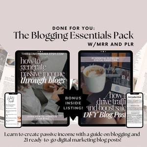 May include: A digital product bundle for bloggers, featuring a guide on how to generate passive income through blogs and 21 ready-to-go digital marketing blog posts. The image shows a laptop screen with the text "how to generate passive income through blogs" and a bonus inside listing.