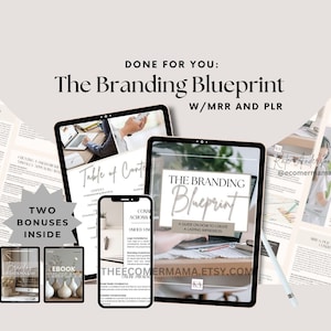 May include: Digital branding guide titled "The Branding Blueprint" with the text "A Guide on How to Create a Lasting Impression." The image includes a tablet, phone, and two bonus ebooks. The guide is by Kate Anderson, with the Etsy shop name visible.