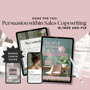 Pode incluir: Um pacote de produtos digitais para aprender a escrever textos de vendas persuasivos. O pacote inclui um guia digital intitulado "The Content" e um guia digital intitulado "The Art of Persuasion within Sales Copywriting". O pacote também inclui um curso acelerado de Canva bônus.