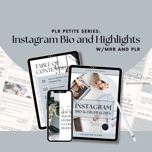 Könnte beinhalten: Ein digitaler Marketing-Leitfaden für Instagram mit einem Inhaltsverzeichnis, einer Titelseite und einem Screenshot eines Laptops. Die Titelseite lautet "Instagram Bio and Highlights" und "PLR Petite Series: W/MRR and PLR".